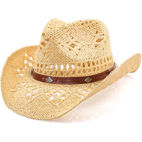 Women\'s Straw Wide with Shapeable Brim Cowboy Hat Beige + Brown Calf Head main image 4